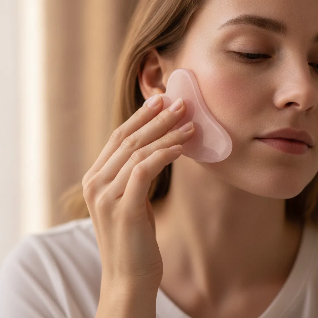 Woman performing gua sha facial ritual